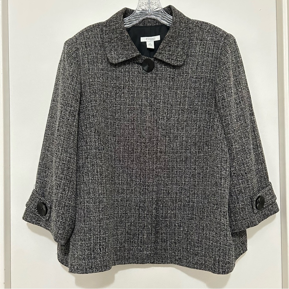 Dressbarn Woman 2X Black Tweed 3/4 Sleeve Topper Blazer Collar Button Grey/Black